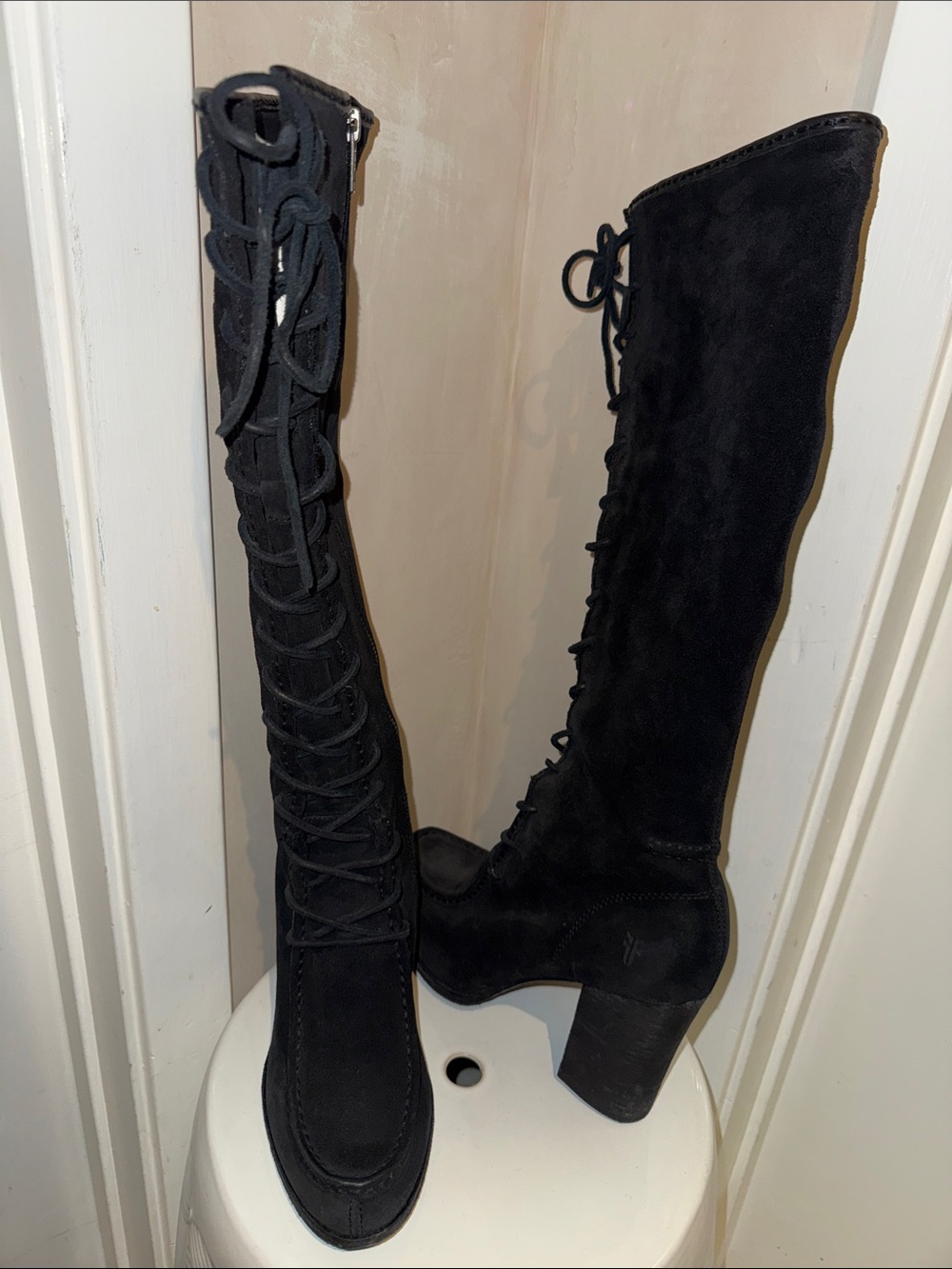 Gorgeous!! Frye Black Suede high shaft Lace-Up Boots